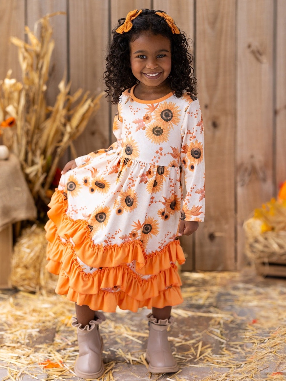 Mia Belle Girls Orange Sunflower Print Ruffle Layered Dress Size XL Long Sleeve